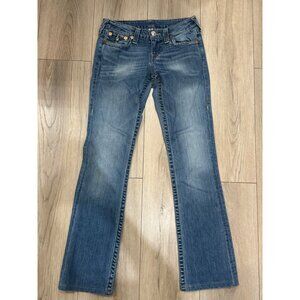 True Religion Low Waist With Flaps Brown Gold Stitching Medium Wash Boot Cut Jea